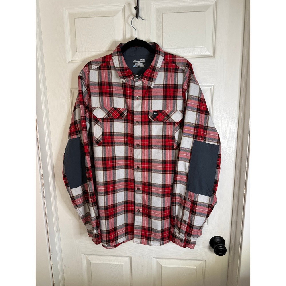 Under Armour ColdGear‎ Plaid Flannel Shirt Mens XL Red White Black Elbow Patches